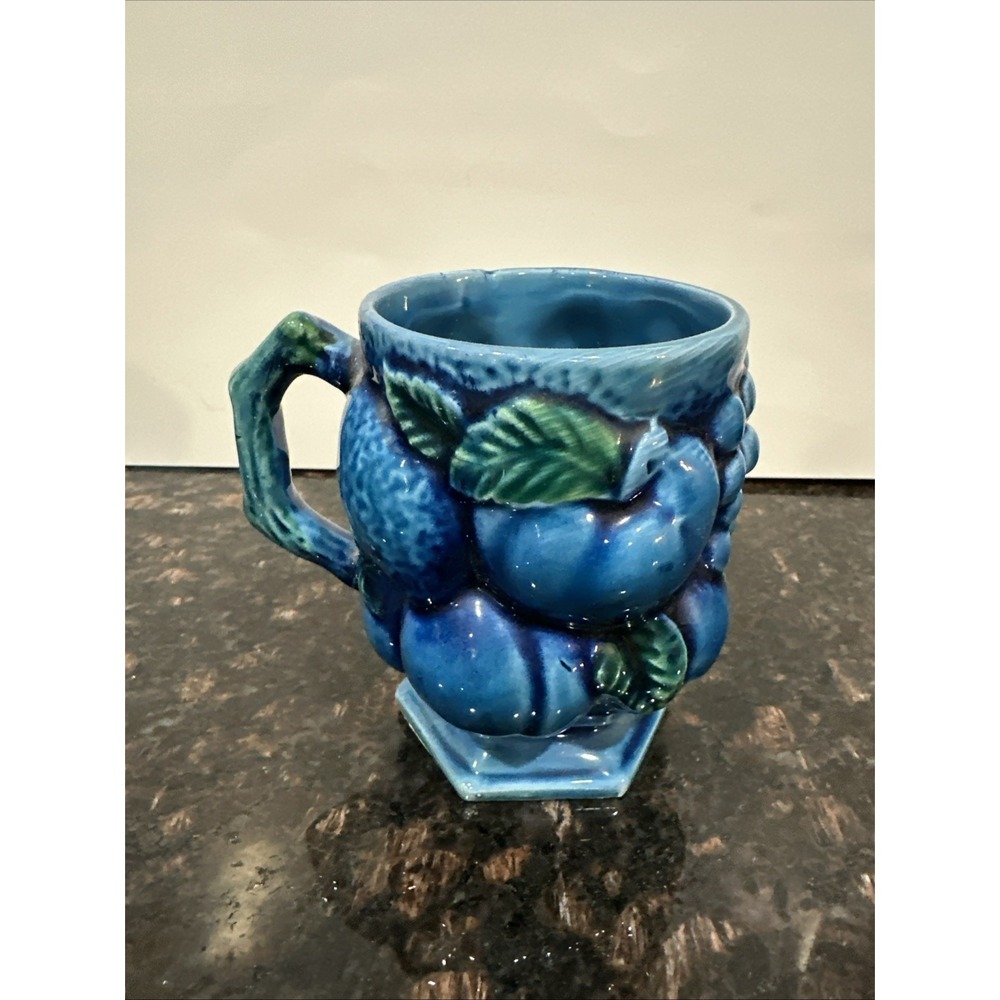 Vtg Inarco Pottery Mood Indigo Blue Embossed Fruit 4" Mug Japan E-2431